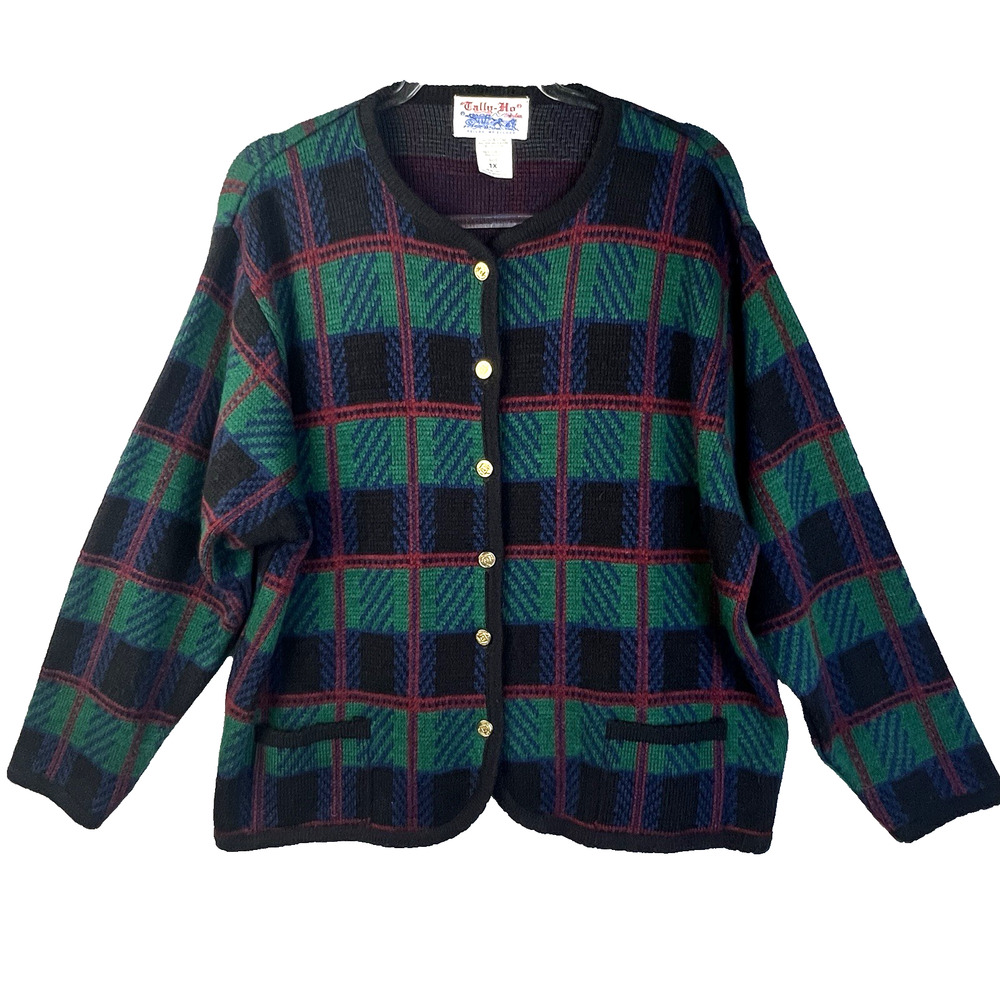 Vintage Tally Ho Cardigan Sweater Women 1X Green Blue Plaid Christmas Preppy